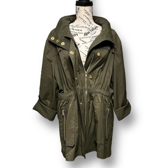 Antonio Melani XL Olive Green Hooded Utility Trench Coat Gold Zip Jacket Fall - Picture 4 of 14